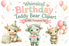 Cute Birthday Highland Cow Clipart, Pastel Baby Cow PNG Product Image 1