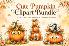 Cute Pumpkin Clipart Bundle, Watercolor Fall Pumpkin PNG Product Image 1