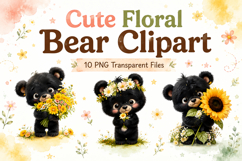 Cute Floral Bear Clipart, Black Bear PNG Product Image 1