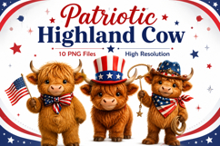 Patriotic Highland Cow Clipart PNG, 4th of July Cow Graphics Product Image 1
