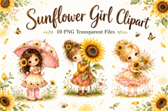 Sunflower Girl Clipart, Cute Watercolor Girl PNG Product Image 1