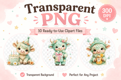Cute Birthday Highland Cow Clipart, Pastel Baby Cow PNG Product Image 2