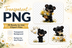 Cute Floral Bear Clipart, Black Bear PNG Product Image 2