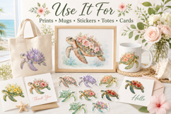 Floral Sea Turtle Clipart PNG, Watercolor Turtle Graphics Product Image 3