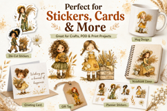 Harvest Girl Clipart, Cute Autumn Girl PNG Product Image 3
