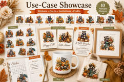 Cute Autumn Raccoon Clipart Bundle, Watercolor Fall Raccoon Product Image 3
