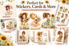Sunflower Girl Clipart, Cute Watercolor Girl PNG Product Image 3
