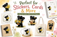 Cute Floral Bear Clipart, Black Bear PNG Product Image 3