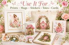 Enchanted Fairy Garden Clipart PNG, Pink Watercolor Fairy Gr Product Image 3