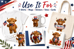 Patriotic Highland Cow Clipart PNG, 4th of July Cow Graphics Product Image 3