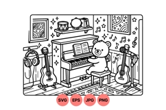 Hand Drawn Teddy Bear Playing Piano Music Room Illustration Product Image 1