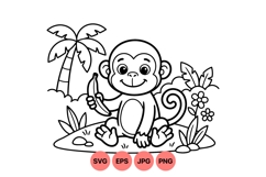 Cute Monkey Line Art SVG for Kids Coloring Product Image 1
