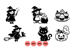 Hand Drawn Halloween Witch And Cat Clipart Product Image 1