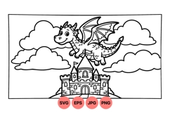 Cute Flying Dragon And Castle Line Art Illustration Product Image 1