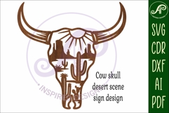 Cow skull with desert scene wall sign, SVG laser cut design Product Image 4