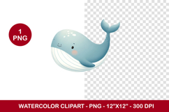 watercolor clipart png - blue whale Product Image 1