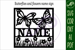Butterflies and flowers name sign svg laser cut template Product Image 4