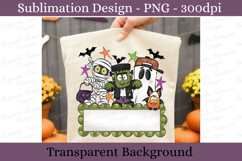 Cute customizable Halloween name plate featuring a mummy, Frankenstein monster, ghost wearing a spiderweb cap, candy bat, bats, colorful stars, and a blank sign for adding a personalized name. Perfect for sublimation, classroom décor, Halloween gifts, and