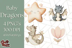 Watercolor Baby Dragon Clipart, Cute Nursery Fantasy PNG Product Image 1