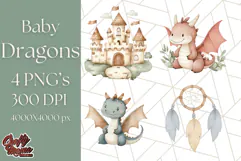 Watercolor Baby Dragon Clipart, Cute Nursery Fantasy PNG Product Image 1