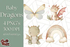 Watercolor Baby Dragon Clipart, Cute Nursery Fantasy PNG Product Image 1