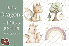 Watercolor Baby Dragon Clipart, Cute Nursery Fantasy PNG Product Image 1