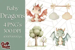 Watercolor Baby Dragon Clipart, Cute Nursery Fantasy PNG Product Image 1