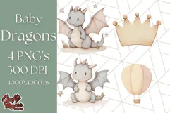 Watercolor Baby Dragon Clipart, Cute Nursery Fantasy PNG Product Image 1