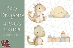 Watercolor Baby Dragon Clipart, Cute Nursery Fantasy PNG Product Image 1