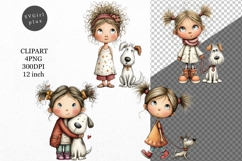 Girl with dog Clipart, Whimsical Clipart Product Image 1
