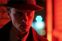 Mysterious man in hat with red neon light Product Image 1