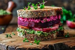 Cook is preparing a delicious sandwich with beetroot hummus Product Image 1