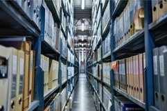 Narrow aisle stretching through shelves full of files in arc Product Image 1