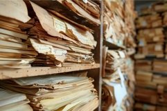 Stacks of old faded paper documents piling up in an archive Product Image 1