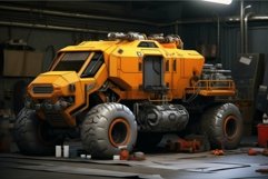 Futuristic orange all-terrain vehicle in a workshop Product Image 1