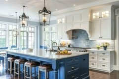 Large blue and white kitchen island illuminating by three ha Product Image 1