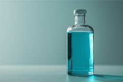 Glass bottle filled with blue liquid standing on surface wit Product Image 1