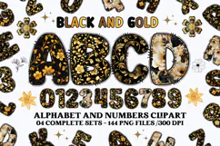 Black and Gold Alphabet png clipart, gold letters doodle Product Image 1