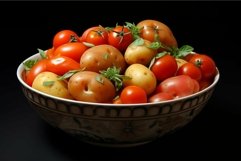 Fresh assorted tomatoes in bowl on black background Product Image 1