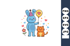 Blue rabbit with party hat holding heart balloon next to ora Product Image 1