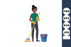 Woman holding mop cleaning with bucket and gloves in casual Product Image 1