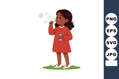 Girl blowing soap bubbles outdoor playful activity in red dr Product Image 1