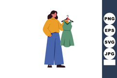 Woman holding green dress on hanger wearing yellow sweater a Product Image 1