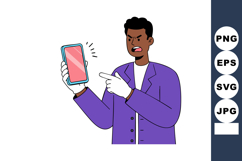 Angry man in purple jacket pointing at smartphone with pink Product Image 1
