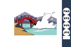 Red arched bridge over water with splash and distant mountai Product Image 1