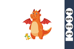 Cute orange cartoon dragon with wings and baby dragon vector Product Image 1