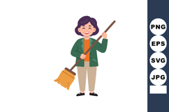 Woman with broom cleaning floor in casual clothes smiling ch Product Image 1