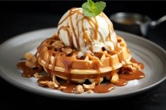 Decadent caramel drizzled waffle with ice cream Product Image 1