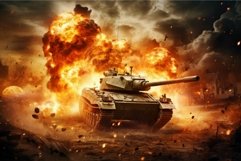Catastrophic War tank explosion fire. Generate Ai Product Image 1