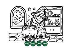 Hand Drawn Wizard Stirring Magic Cauldron Illustration Product Image 1